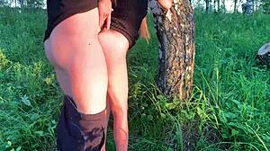 Real amateur couple has rough sex in the woods with cumshot on ass