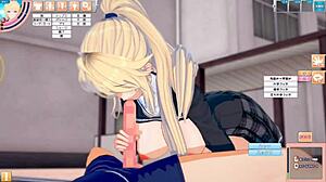 在这个动画的hentai视频中,口交和手交动作