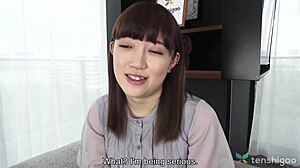 Nagisa Katagiri, an amateur Tokyo model, undresses for a couch casting interview and gives an uncensored blowjob, followed by pussy fingering and licking
